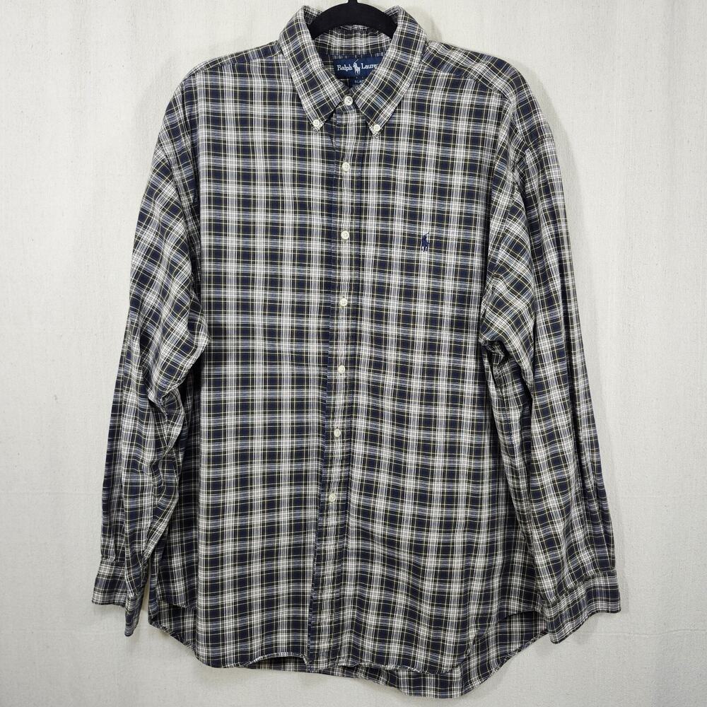Ralph Lauren Shirt 100% Cotton XL Green Blue Plaid Long Sleeve Button Blaire